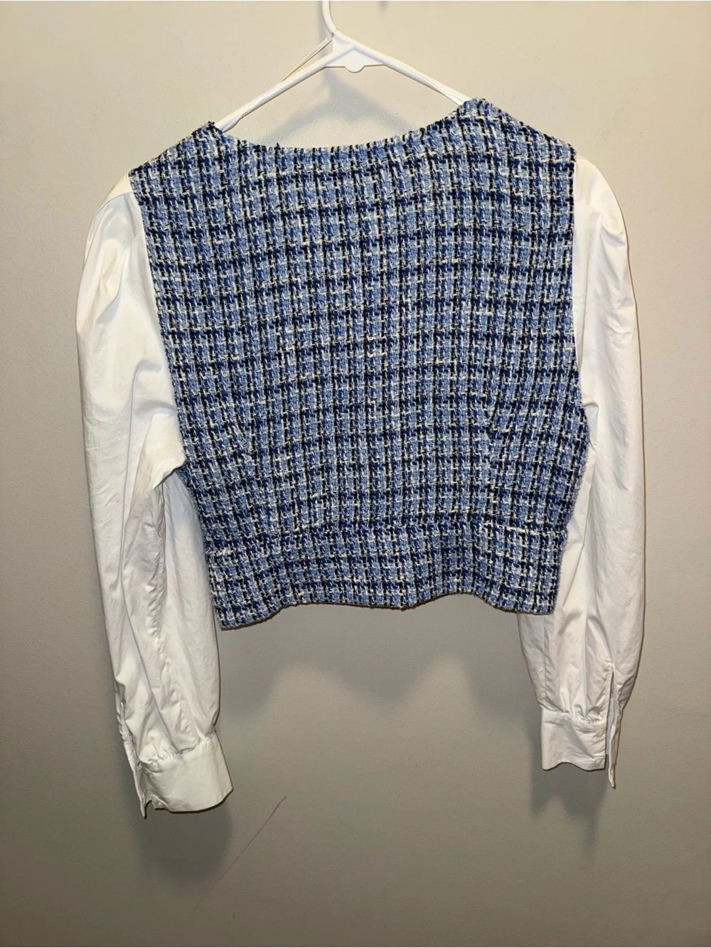 Zara Blue Tweed Crop Vest with White Puff Sleeves